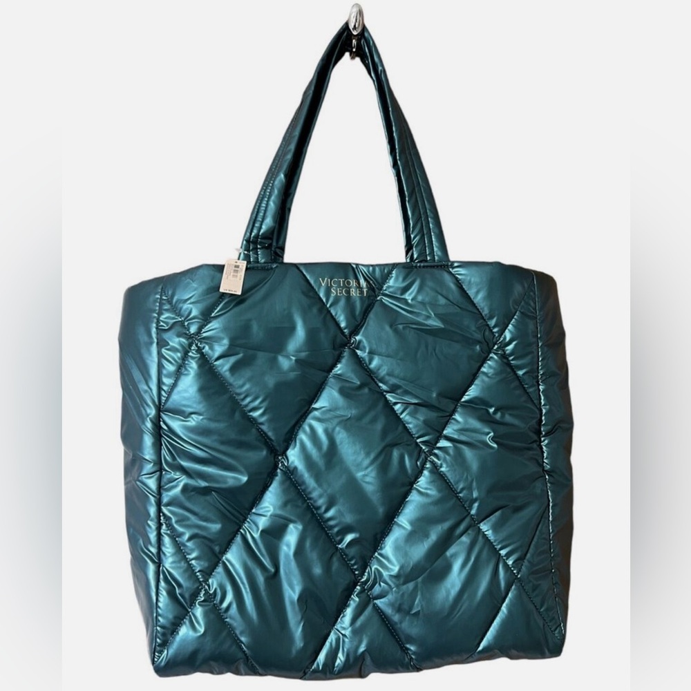 New with Tags Victoria's Secret Metallic Emerald Teal Quilt Puffer Tote Bag